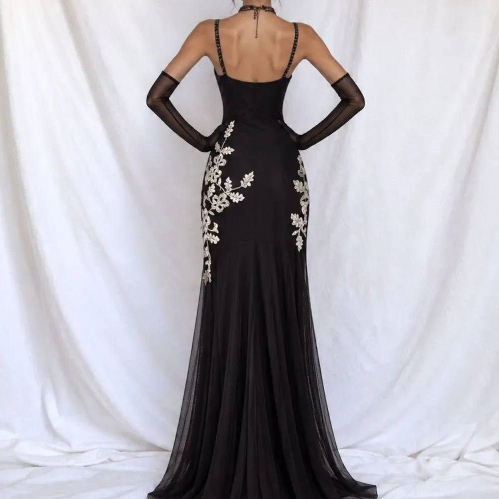 Vintage Y2K 90s Brown Floral Embroidered Mesh Maxi Formal Prom Dress Size S/M